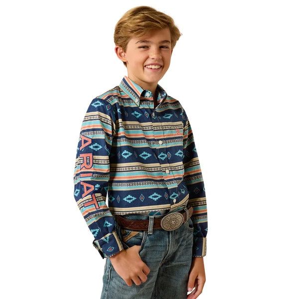 Ariat Boy's Team Jet Long Sleeve Shirt - Navy/Orange