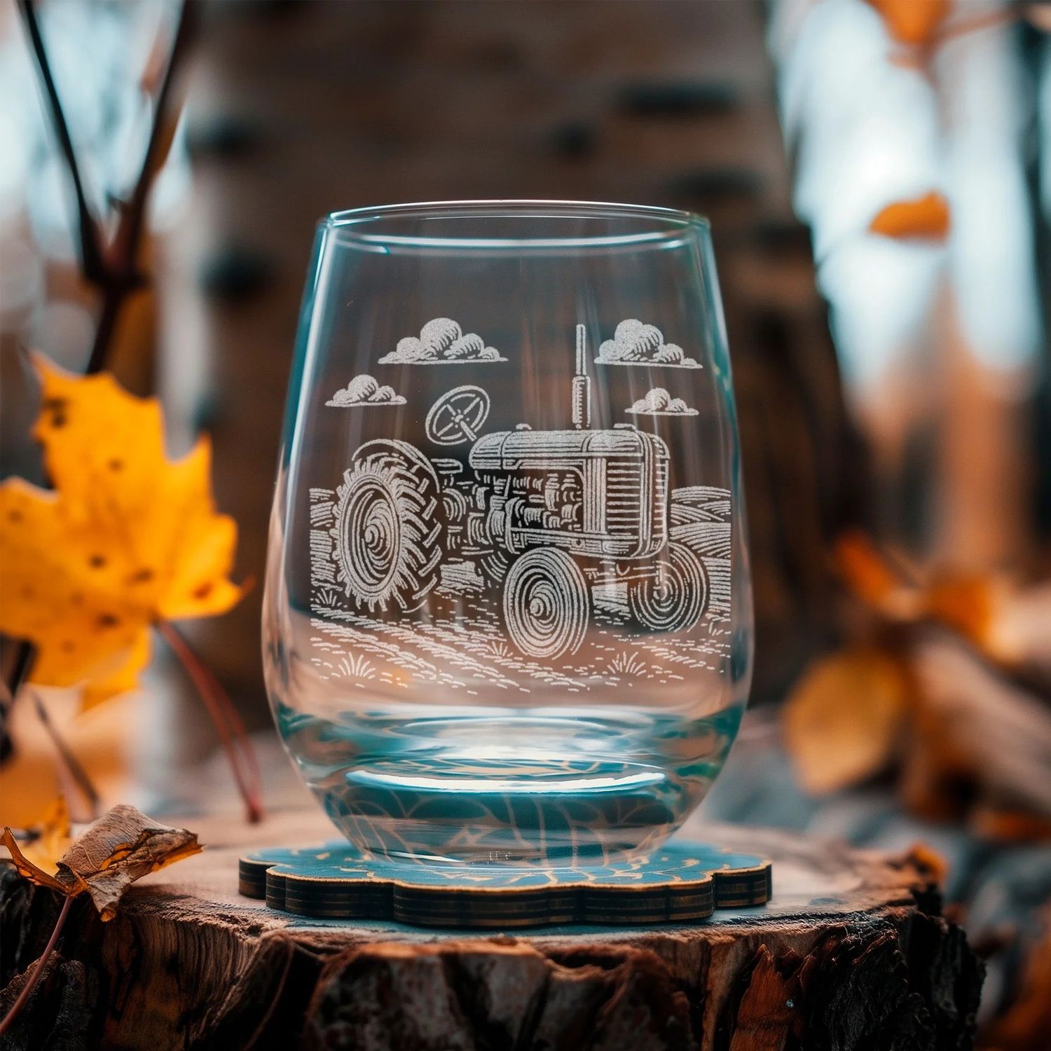 Benoit's Tractor Stemless Wine Glasses