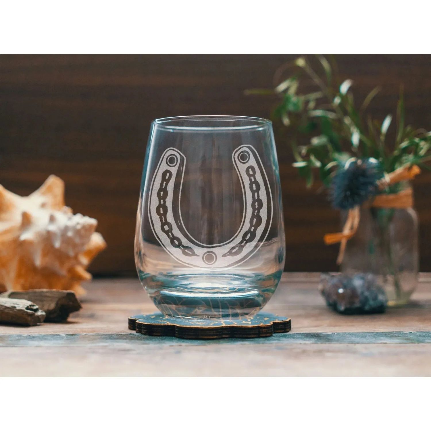 Benoit's Horseshoe Etched Stemless Wine Glasses