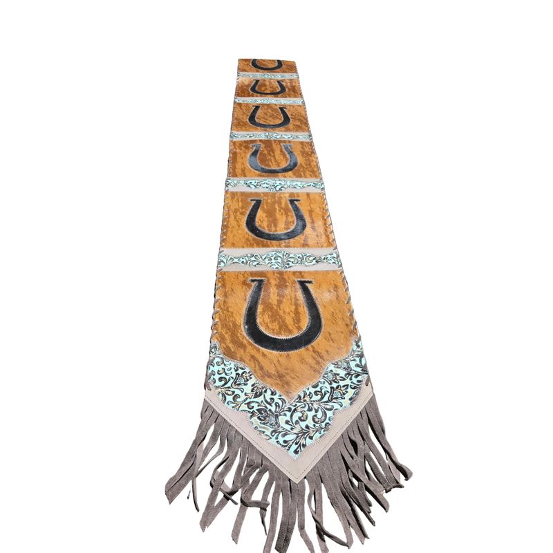 D2W Trading Table Runner Model 2 - Horse Shoe w Details, Fringes - Floral Turquoise