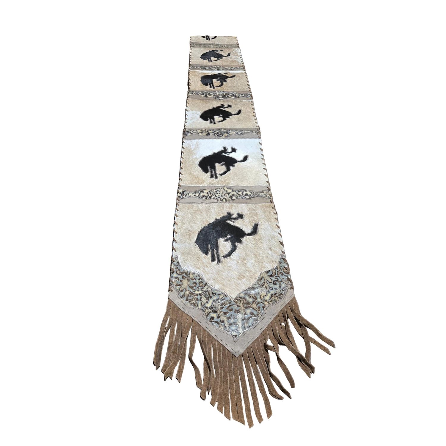 D2W Trading Table Runner Model 2 Bucking Horse w Details Floral Tan w Fringes