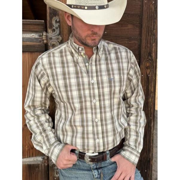 Drover Men's Signature Series Ruckus Long Sleeve Shirt- Brown/Cream