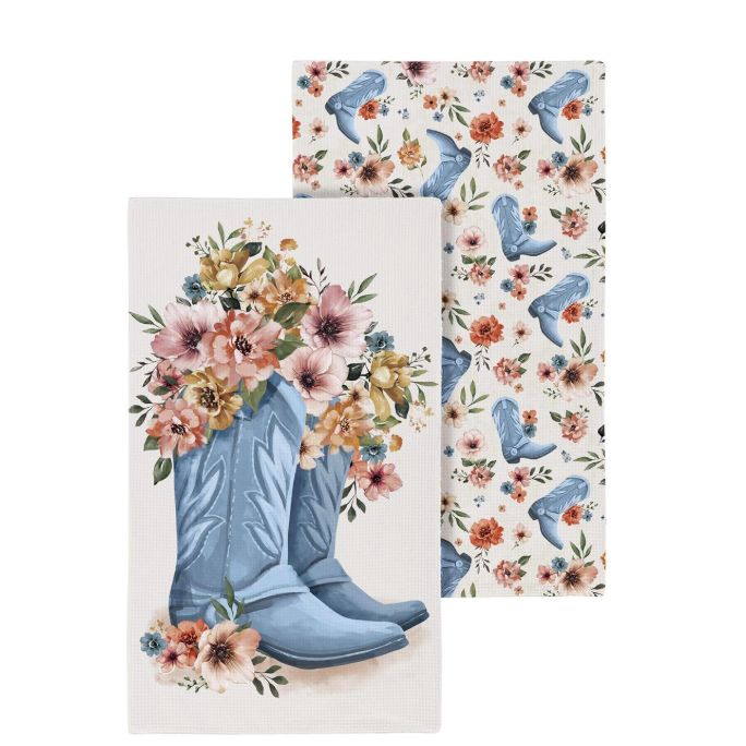 Evergreen Petal &amp; Plow Double Sided Cowboy Boots Waffle Weave Kitchen Towel
