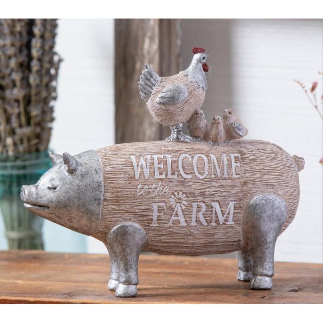 Evergreen Petal &amp; Plow Resin Chicken Standing on Pig Table Decor- 9"