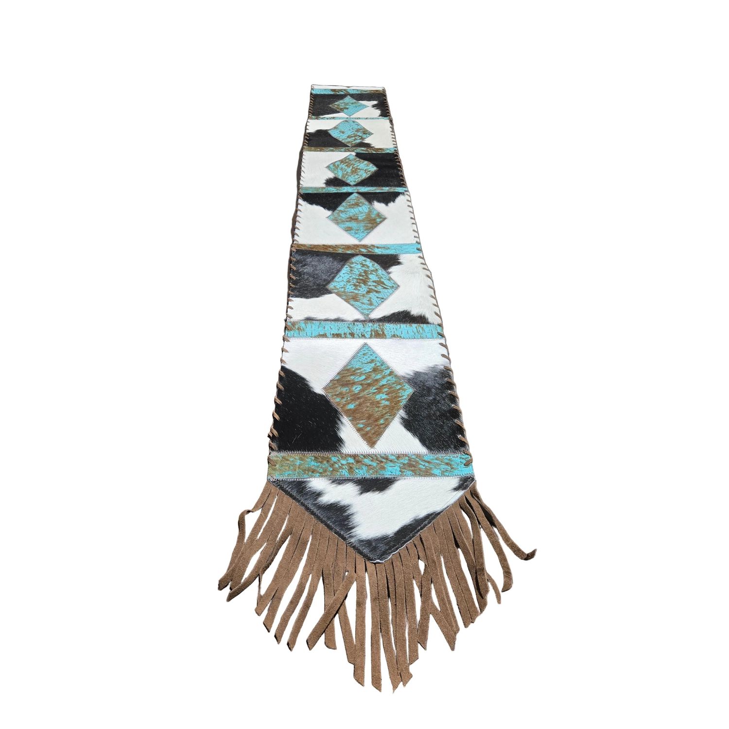 D2W Trading Table Runner Model 1 - Diamonds w Fringes - Distressed Croc Turquoise