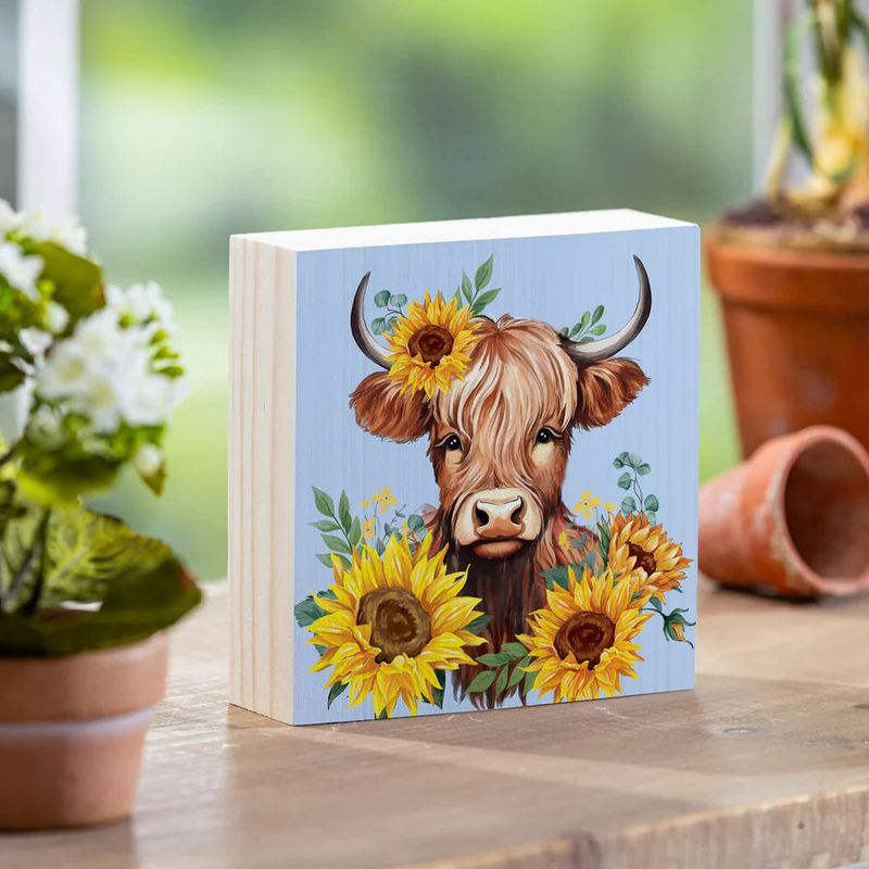 Evergreen Harvest Blossom Highland Cow and Sunflower Wooden Block-6 x 6