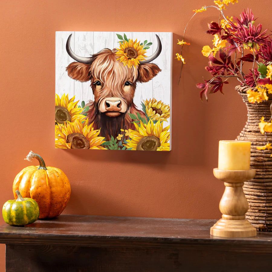 Evergreen Harvest Blossom Highland Cow and Sunflowers Wall Decor- 12x x12