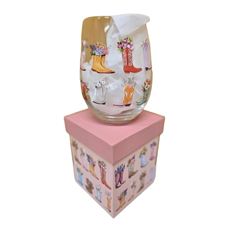Evergreen Hillside Pasture Western Cowboy Boots Stemless Wine Glass