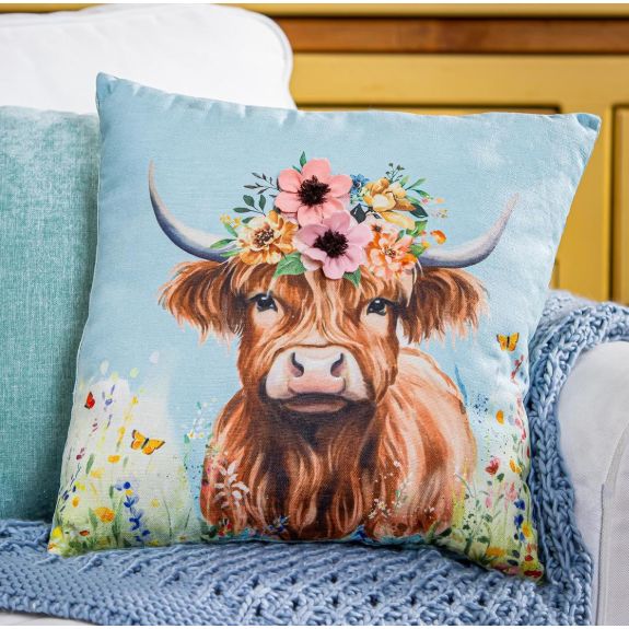 Evergreen Hillside Pasture 16" Highland Cow Throw Pillow