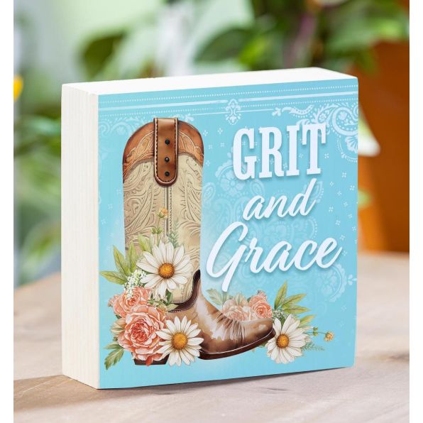 Evergreen Petal &amp; Plow Cowboy Grit &amp; Grace Wood Block Sign-6x6