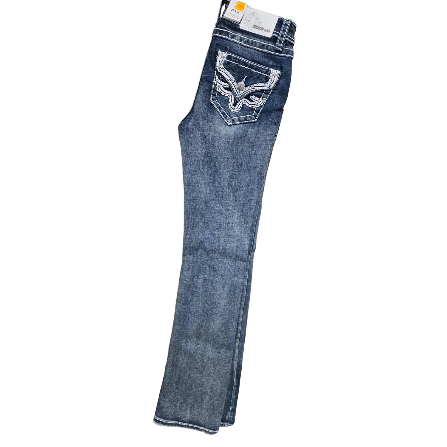 Grace in LA Women's Leather on Faux Flap Pocket Jeans