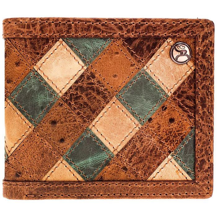 Hooey Ouray Roughy Ostrich Print Diamond Patch Leather Wallet - Brown/Turquoise