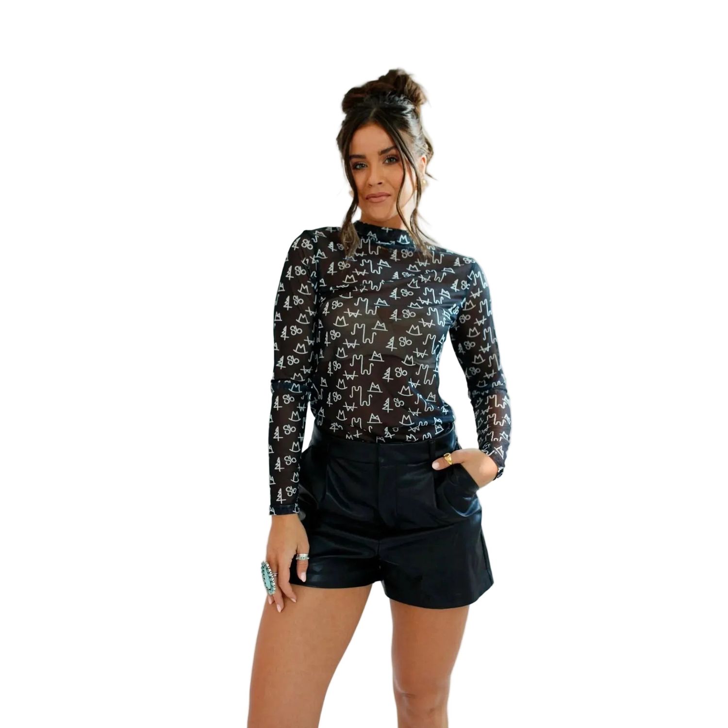 Front Porch Brand Sheer Mock Neck Top - Black