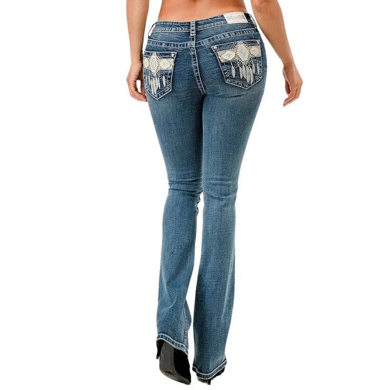 Grace in LA Women's Aztec Feather Embellished Pocket Jeans - Medium Wash
