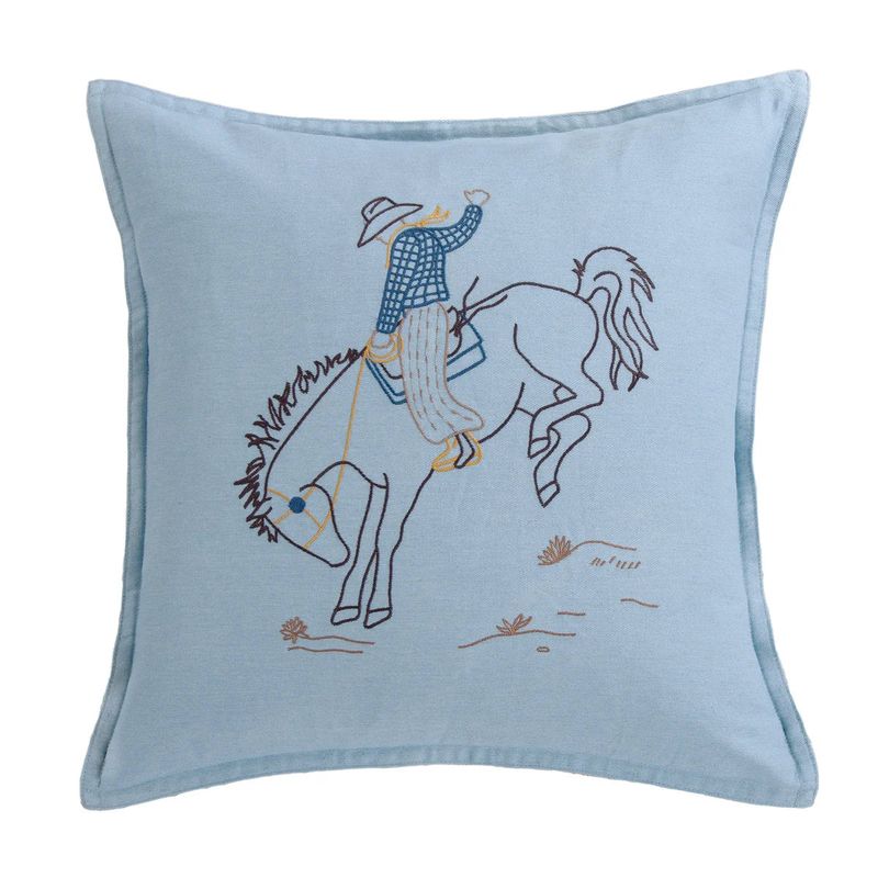 Hi End Accents Denim Embroidery 18 x 18 Rodeo Bronc Pillow- Blue