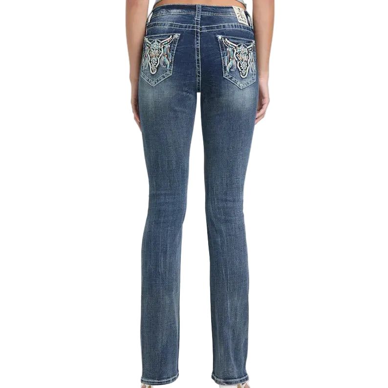 Grace in LA Women's Steer Head &amp; Feathers Embellished Pocket Jeans