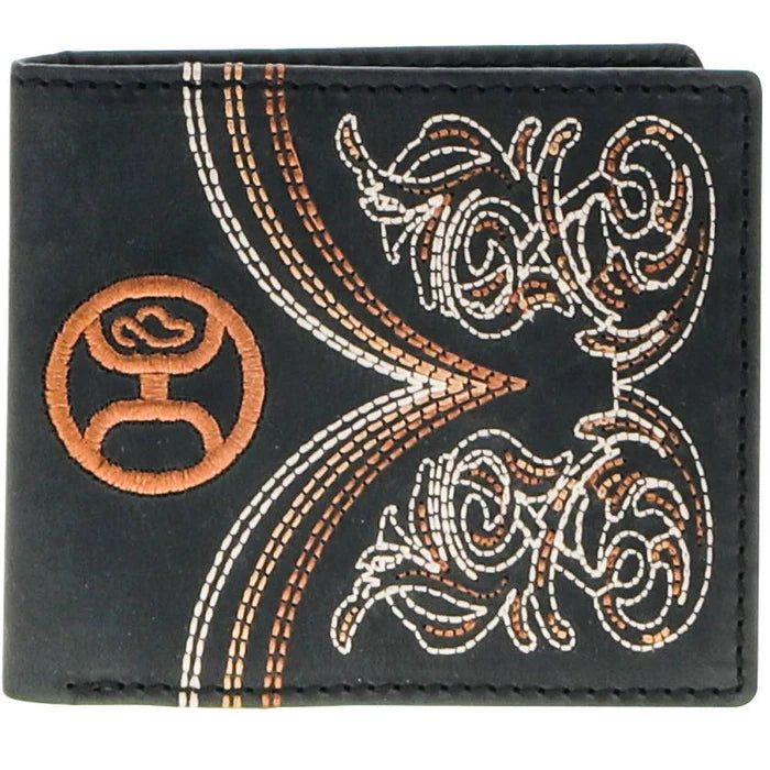 Hooey Ranger Boot Stitch Filigree Embroidered Bifold Leather Wallet - Black