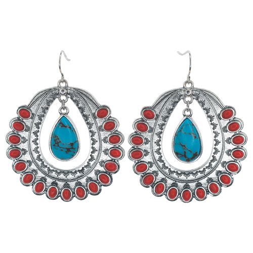 Justin Cluster Hoop w/Faux Coral &amp; Turquoise Charm Earrings