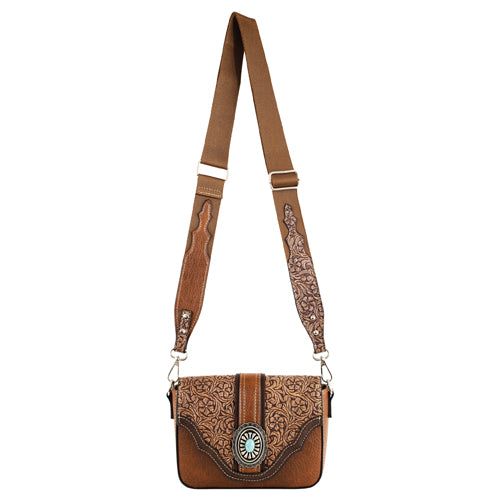 Justin Small Crossbody with Floral Emboss and Concho- Tan
