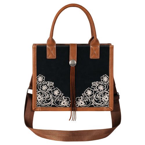 Justin Small Tote w/Floral Embroidery - Black/Brown