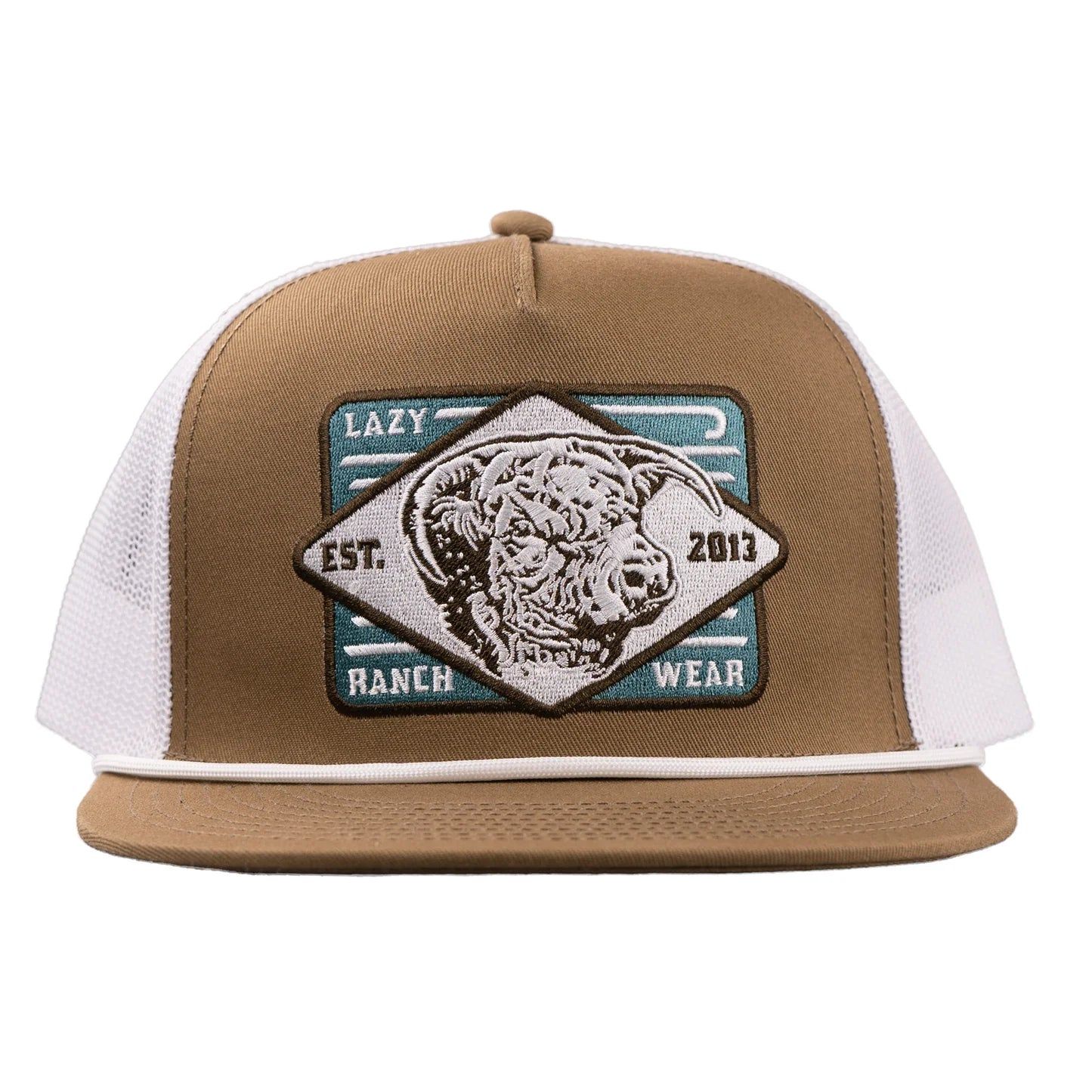 Lazy J Ranch Iron Horn Classic Rope Trucker Flat Brim Cap - Coyote Brown/White