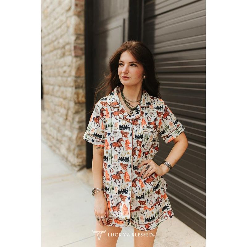 Lucky &amp; Blessed Western Rodeo Print Button Down Shorts Set- Western