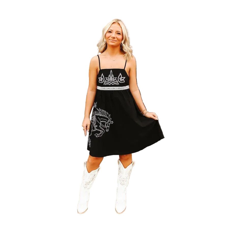 Lucky &amp; Blessed Women's Horse Embroidered Spaghetti Strap Dress- Black