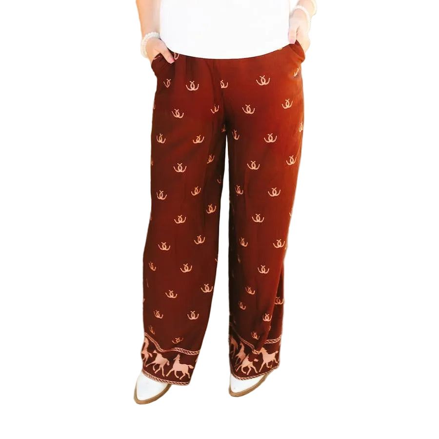 Lucky &amp; Blessed Women's Horseshoe &amp; Running Horse Pants - Brown