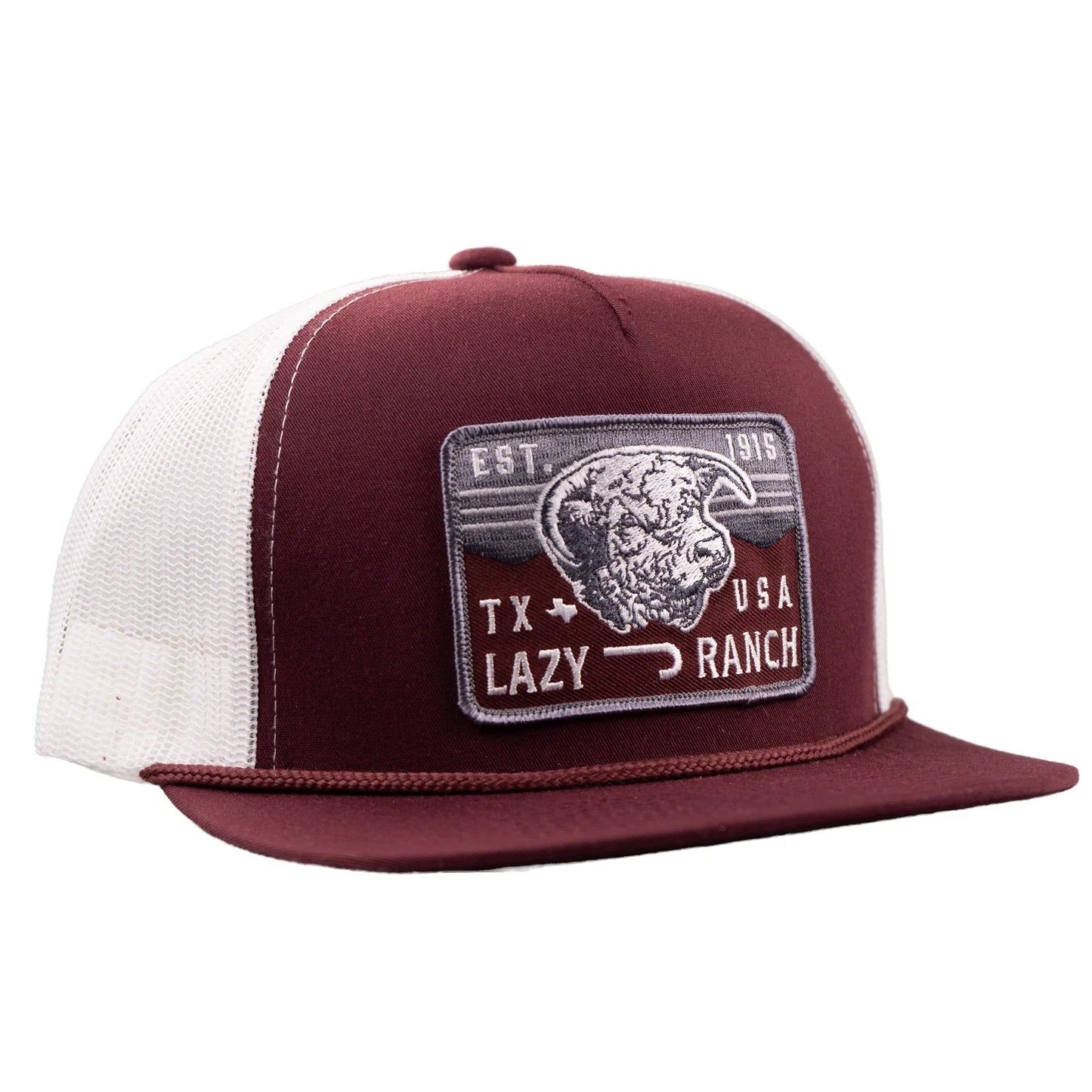 Lazy J Ranch Red Rock Classic Rope Trucker Flat Brim Cap - Maroon/White