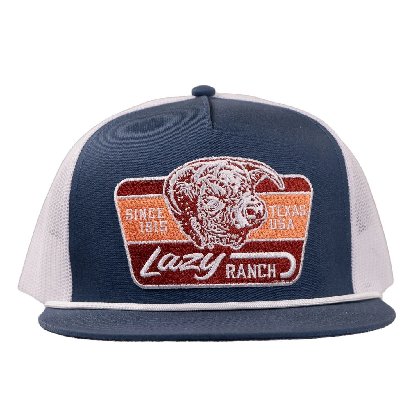 Lazy J Ranch Texas Rust Classic Rope Trucker Flat Brim Cap - Royal Blue/White