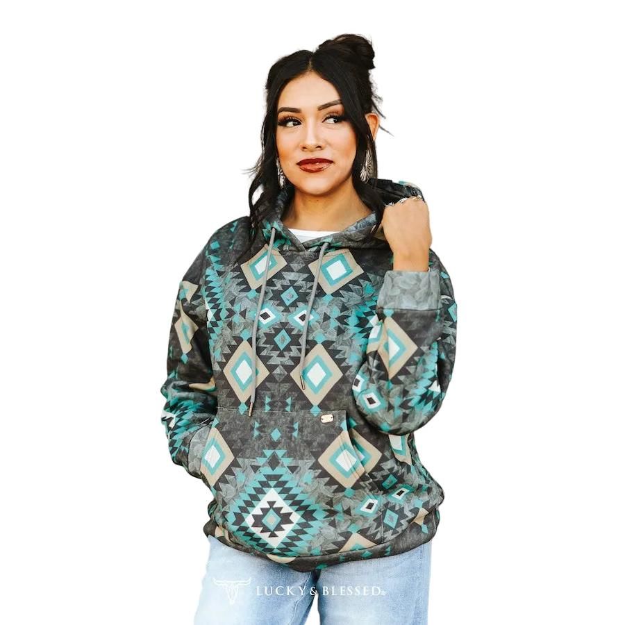 Lucky &amp; Blessed Women's Aztec Printed Drawstring Vintage Hoodie - Black