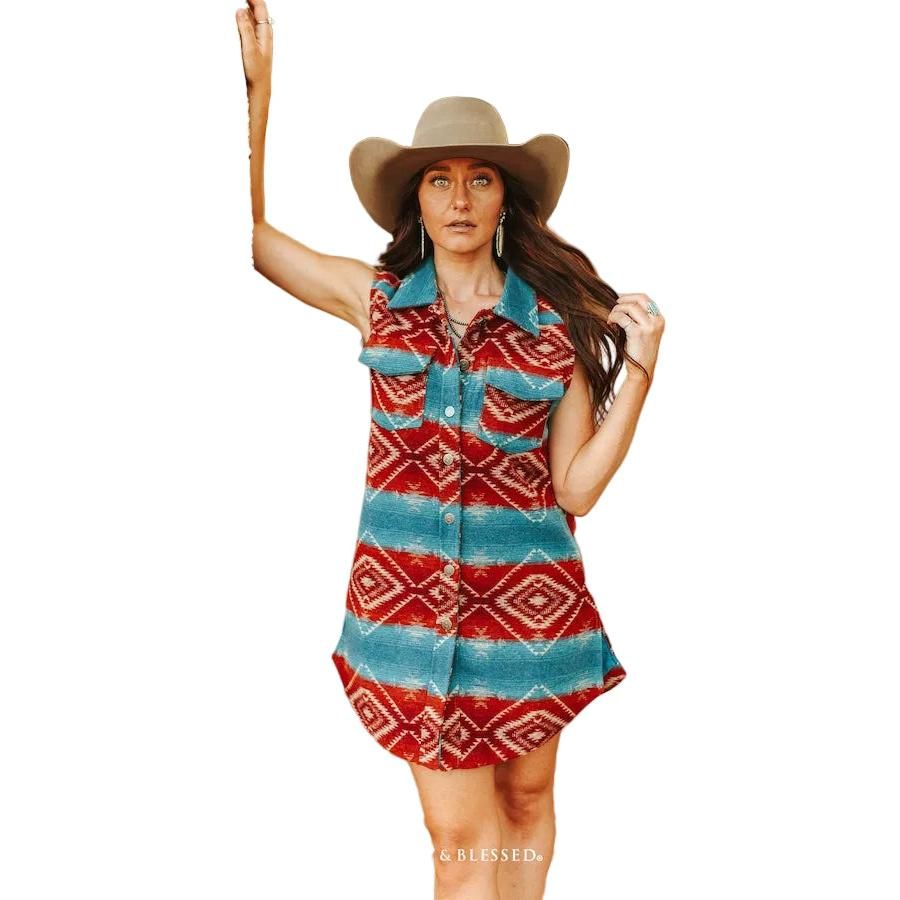 Lucky &amp; Blessed Women's Aztec Wool Blend Sleeveless Shacket - Red/Jade