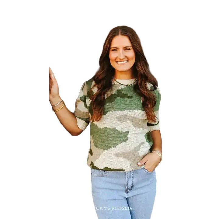 Lucky &amp; Blessed Women's Cable Knit Puff Sleeve Sweater Top - Camo