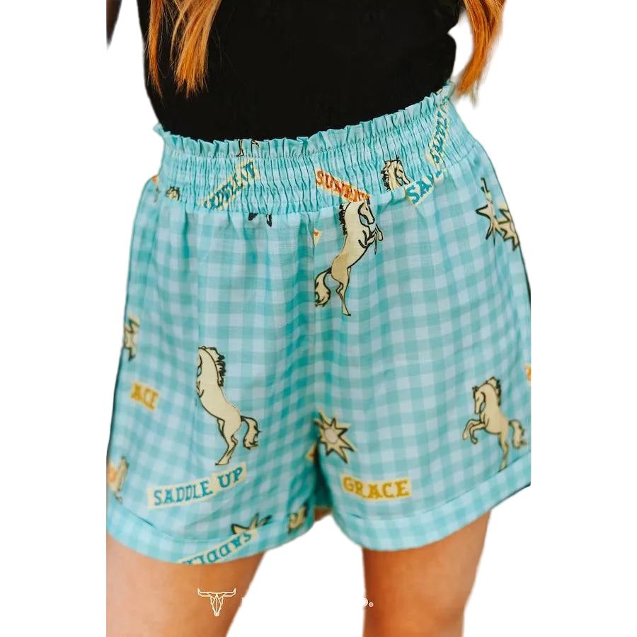 Lucky &amp; Blessed Women's Horse Print High Waist Checkered Print Shorts