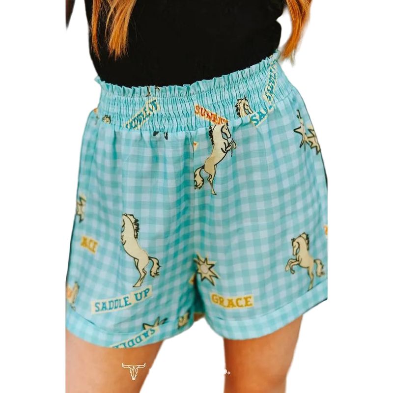 Lucky &amp; Blessed Women's Horse Print High Waist Checkered Print Shorts