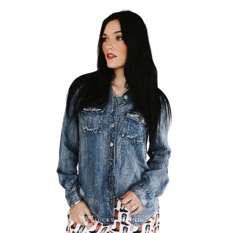 Lucky &amp; Blessed Women's Long Sleeve Button Down Tencel Shirt- Blue