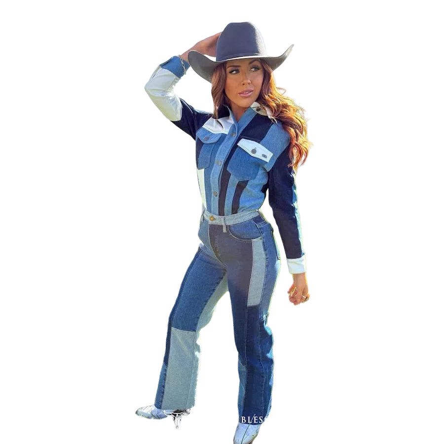 Lucky &amp; Blessed Women's Long Sleeve Denim Patchwork Button down Shacket - Blue