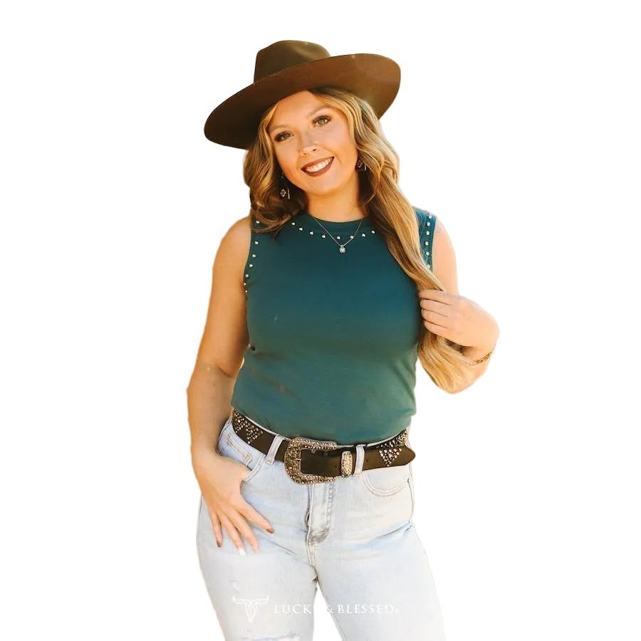 Lucky &amp; Blessed Women's Vintage Silver Studded Tank Top - Teal