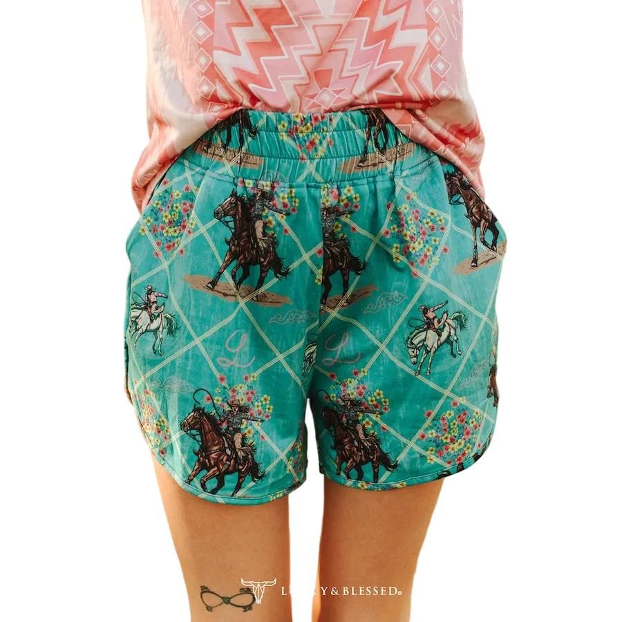 Lucky &amp; Blessed Women's Western Cowboy Printed High Rise Shorts - Jade