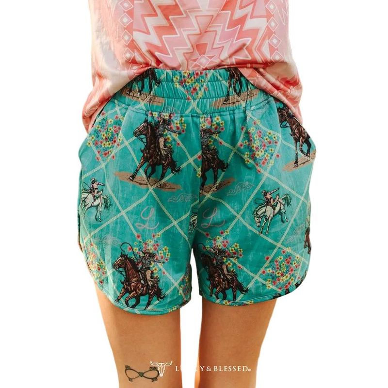 Lucky &amp; Blessed Women's Western Cowboy Printed High Rise Shorts - Jade