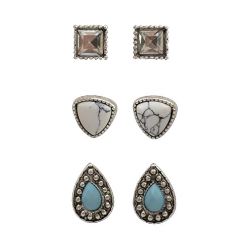 Silver Strike Stud Earrings 3 Crystal Pair