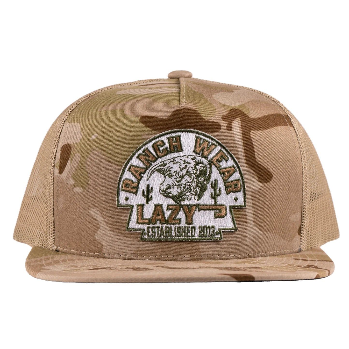 Lazy J Ranch Arrowhead Classic Five Panel Trucker Flat Brim Cap - Camo/Olive