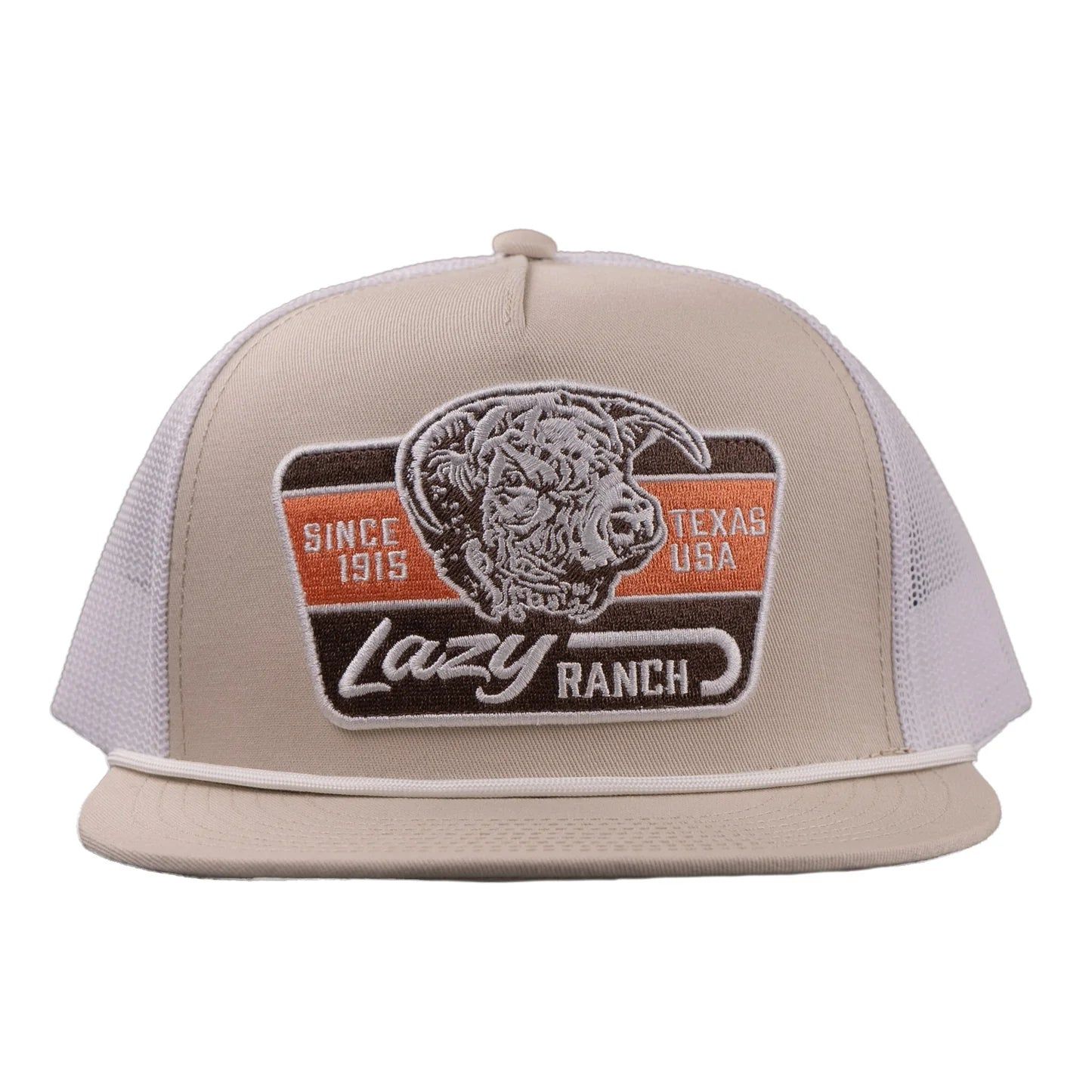 Lazy J Ranch Texas Rust Classic Rope Trucker Flat Brim Cap - Tan/White