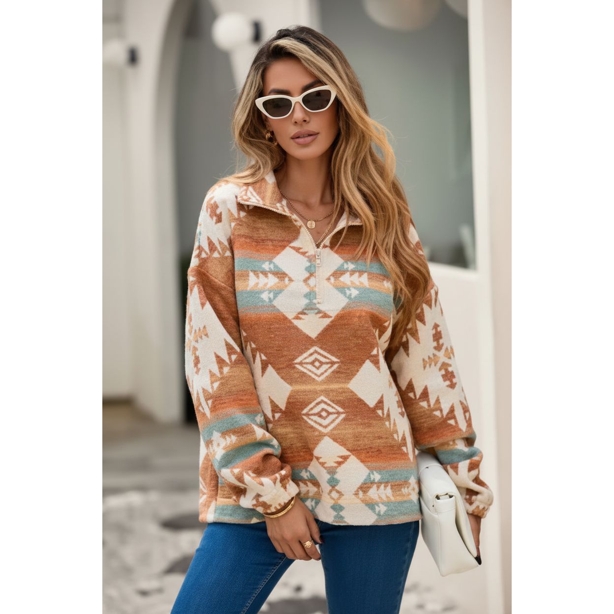 LDC Women's Quarter Zip Elastic Cuffs Western Sweatshirt - Khaki