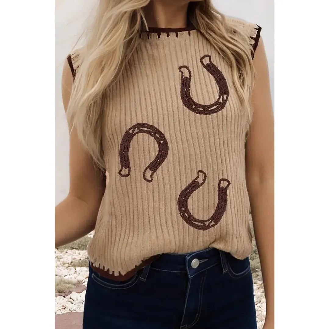 Little Daisy Closet Women's Western Ribbed Knit Contrast Trim Sweater Vest- French Beige