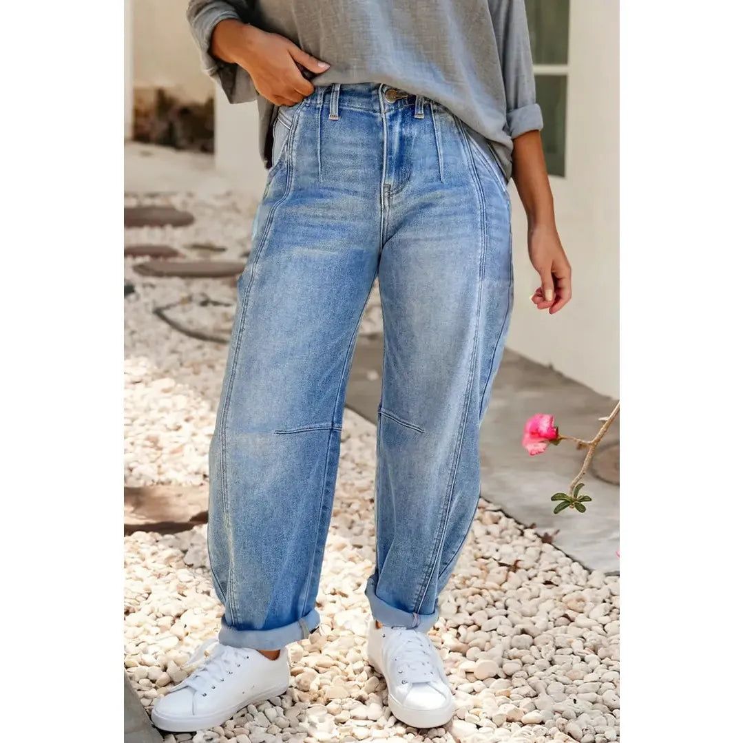 Little Daisy Multi Seam Detail Barrel Jeans-Sky Blue