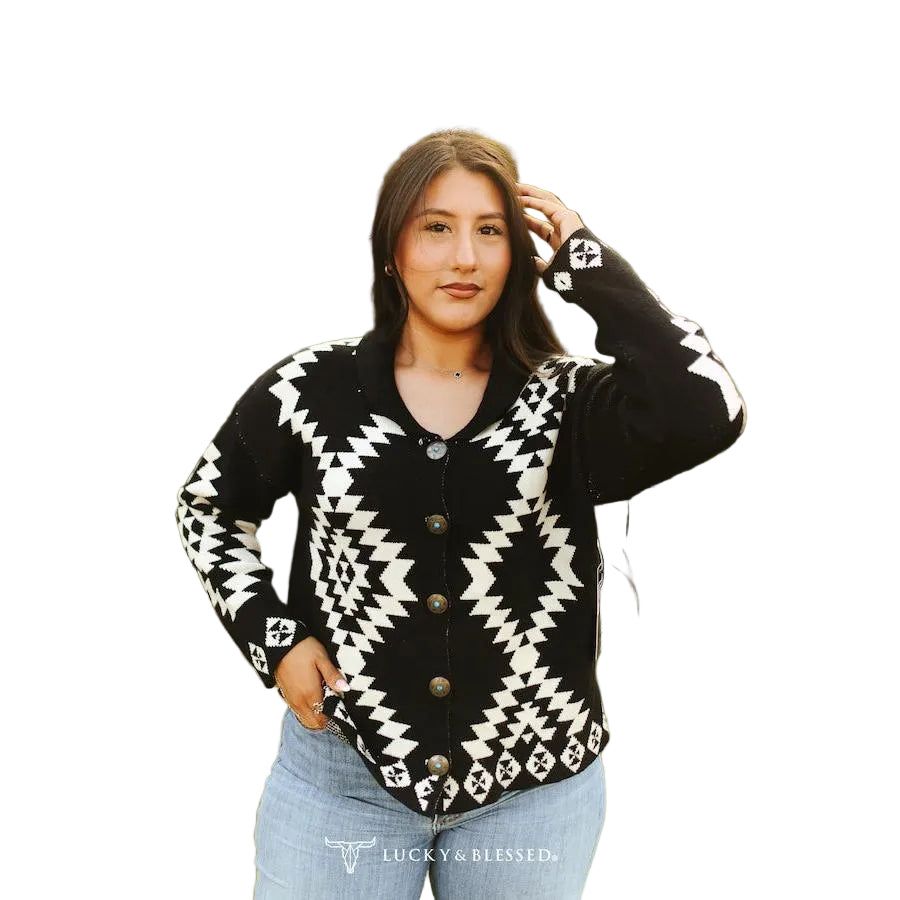 Lucky &amp; Blessed Women's Aztec Knit Long Sleeve Sweater Cardigan - Black/White