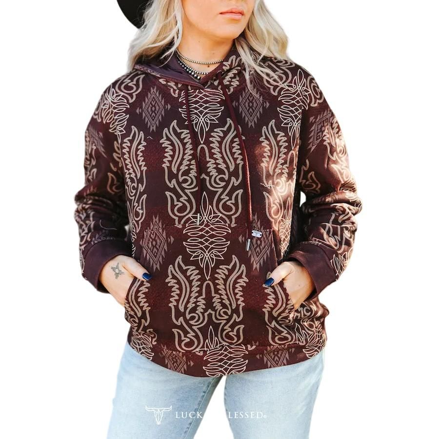 Lucky &amp; Blessed Women's Aztec Printed Drawstring Vintage Hoodie - Wine