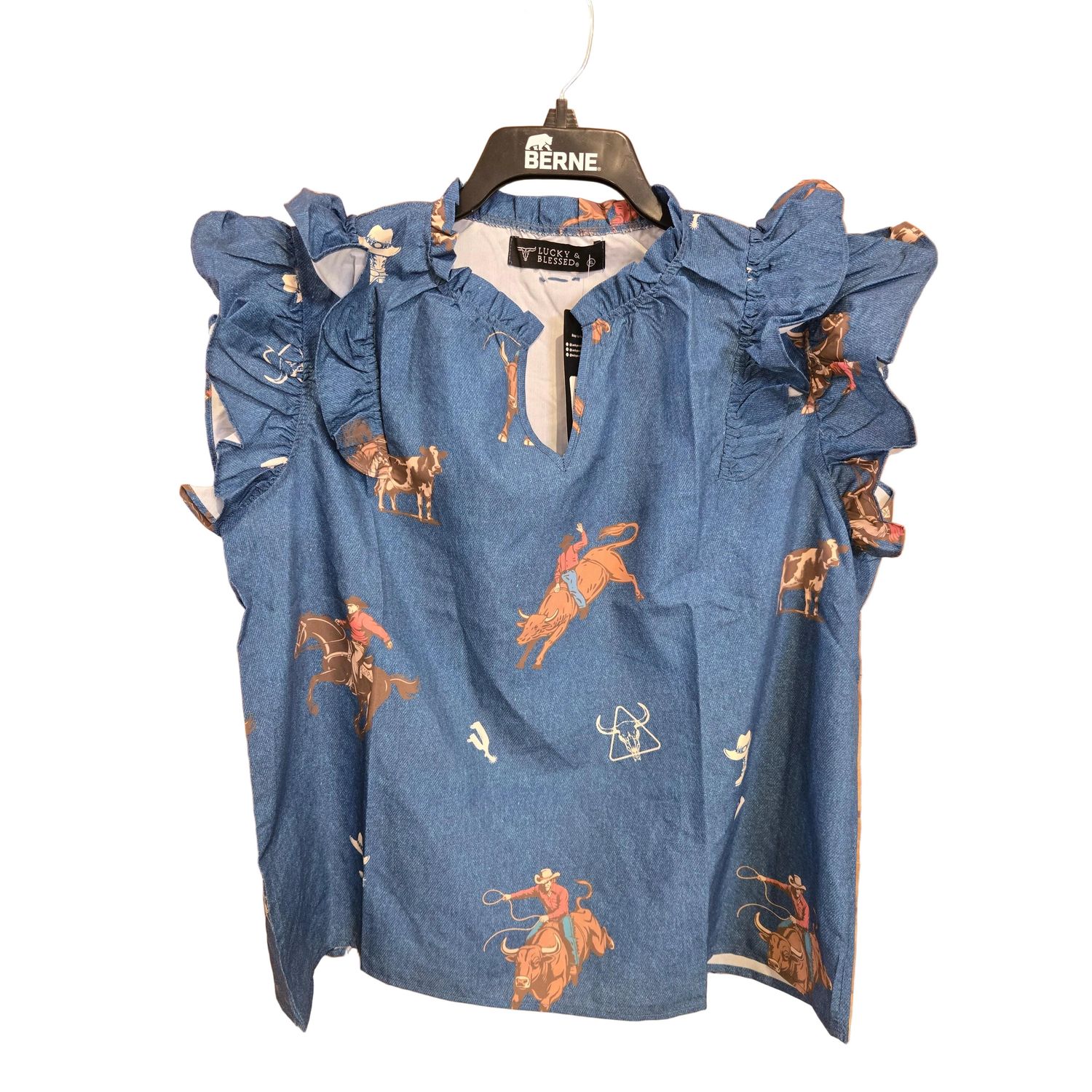 Lucky &amp; Blessed Women's Short Sleeve Western Pattern Shirt - Blue