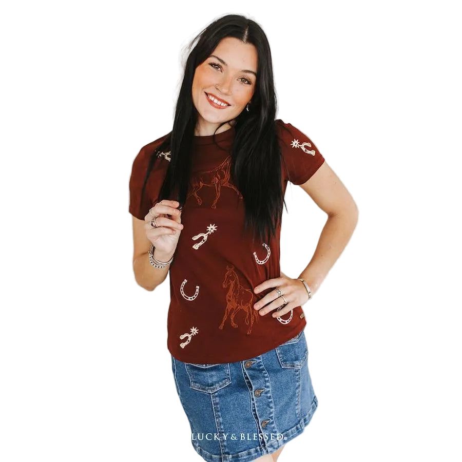 Lucky &amp; Blessed Women's Western Horseshoe Spur Embroidered Shirt - Brown